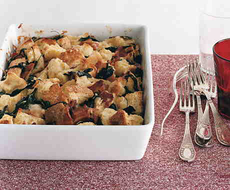 Arugula, Bacon, and Gruyère Bread Pudding