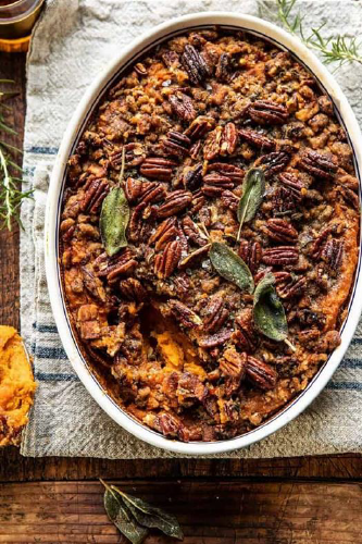 Bourbon Sweet Potato Casserole with Sweet 'n' Savory Bacon Pecans