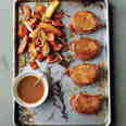 Cider-Dijon Pork Chops with Roasted Sweet Potatoes and Apples