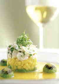 Crab Tower with Mango Coulis & Chinese Garlic Stems