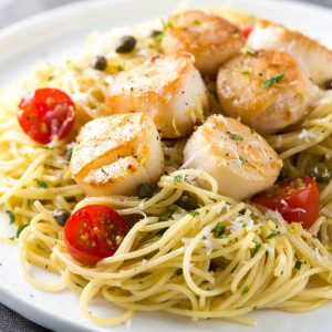 Scallops Pan Seared  with Lemon Caper Pasta from Jessica Gavin
