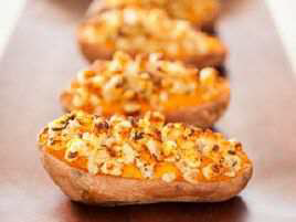 Twice-Baked Sweet Potatoes with Shallot and Parmesan Topping