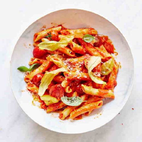 Risotto-Style Penne with Tomatoes and Zucchini Blossoms