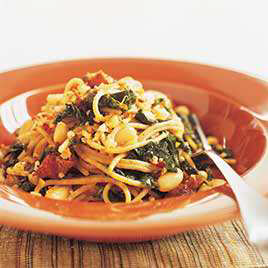 Whole Wheat Pasta with Greens, Beans, Pancetta, and Garlic Bread Crumbs