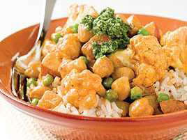 Indian-Style Curry with Potatoes, Cauliflower, Peas, and Chickpeas