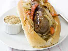 Gas-Grilled Sausages with Onions