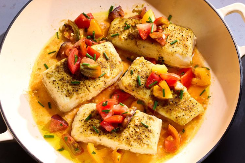 Halibut Pan Seared with Roasted Tomatoes from Food Network