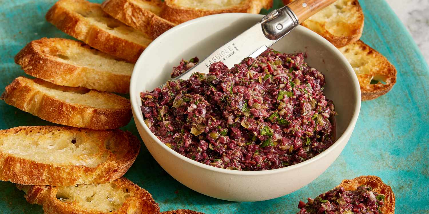 Black And Green Olive Tapenade With Goat Cheese Crostini