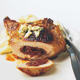 Stuffed Thick-Cut Pork Chops with Red Onion Jam Stuffing with Port, Pecans, and Dried Fruit