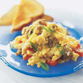 Scrambled Eggs with Bacon, Onion, and Pepper Jack Cheese