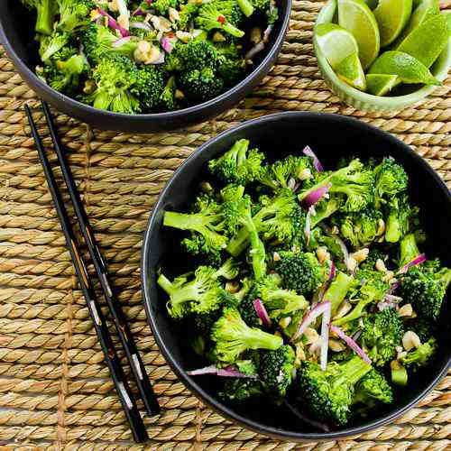 Thai-Flavored Raw Broccoli Salad with Red Onion, Mint, and Peanuts