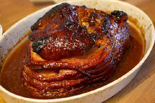 Ham with Pomegranate Molasses, Black Pepper & Mustard Glaze