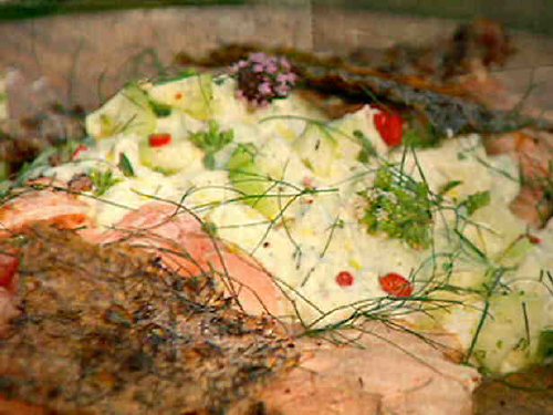 Crispy Barbecued Side of Salmon with Cucumber Yogurt Sauce from JAMIE AT HOME
